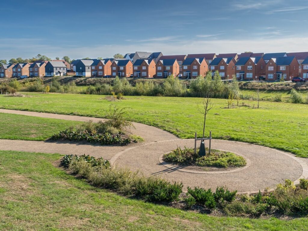 Landscaped open space on a new housing development