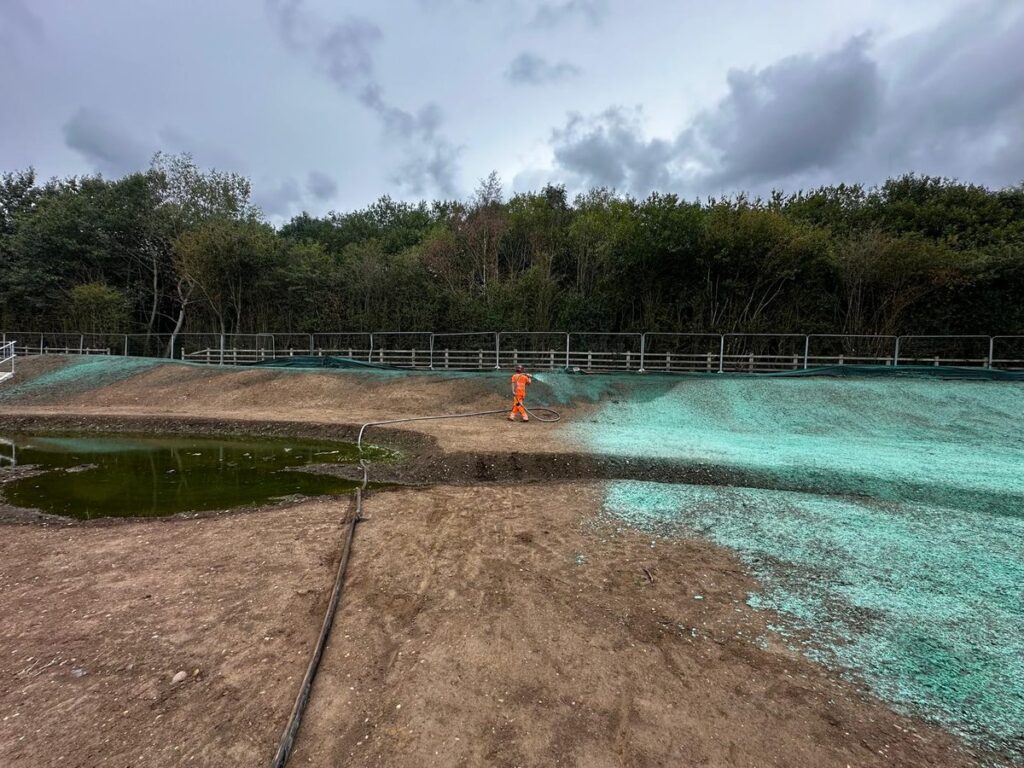 Balancing pond and banks after hydroseeding